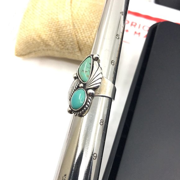 Vintage Navajo Sterling Silver Southwest Double Turquoise Stone Ring Size 7 - Picture 2 of 5